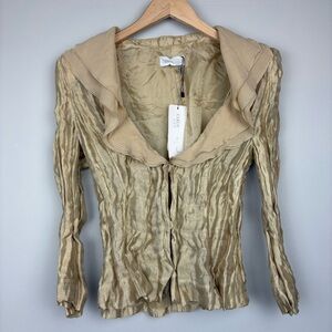 New Carlo Pignatelli Womens Silk Jacket Ruffle Color Sz 14 Gold
